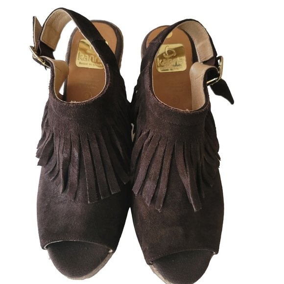 Kanna Wedge Slingback Suede Upper Sandal With Fringe detail. Size 9 - Picture 4 of 7